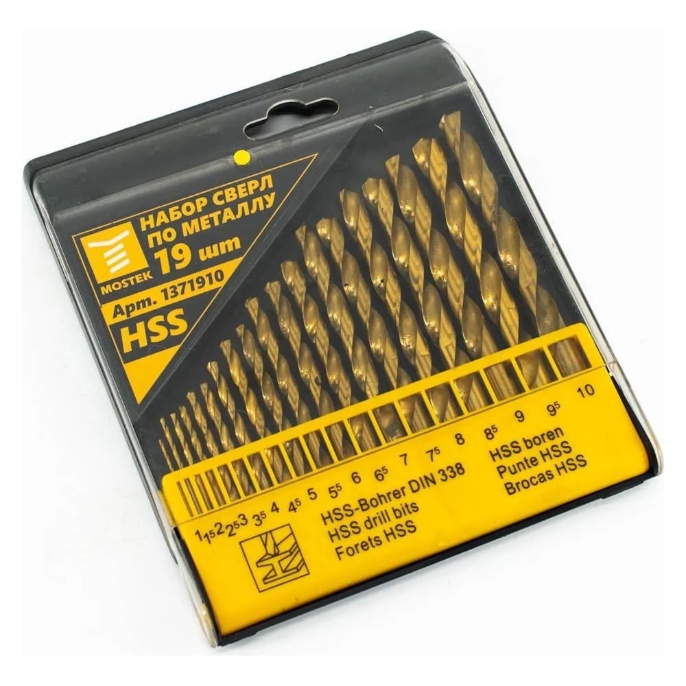 Изображение товара Набор сверл по металлу MOSTEK 1371910, 19 шт от 1 до 10 мм, HSS, пластиковый бокс