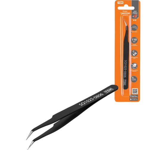 Изображение товара Пинцет TDM ELECTRIC прецизионный изогнутый 110 мм, острое жало, нерж., антистатич. покр., блистер, "Рубин" SQ1025-0806