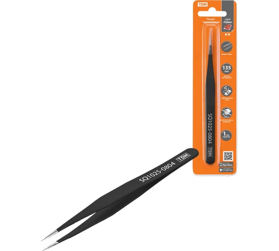 Изображение товара Пинцет TDM ELECTRIC прецизионный прямой 135 мм, острое жало, блистер, серия "Рубин" SQ1025-0804