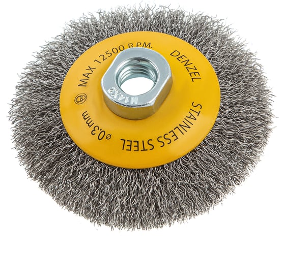 Изображение товара Щетка Тарелка (100 мм; М14; витая нержавеющая проволока 0.3 мм) для УШМ DENZEL 746083