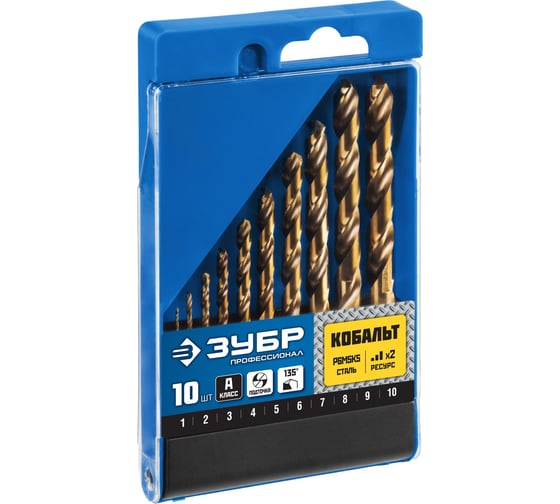 Изображение товара Набор сверл по металлу ЗУБР Кобальт 10 шт, 1-10 мм, сталь Р6М5К5 29626-H10_z01