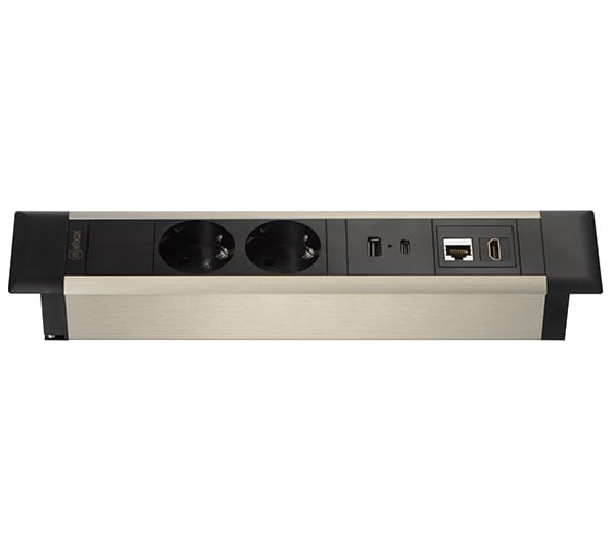 Изображение товара Встраиваемая врезная розетка Mebax 41T 2 секции Серебро+Черный USB + type C + RJ45 + HDMI 00-00002593