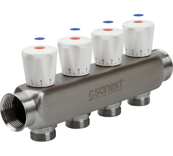 Изображение товара Коллектор квартирный SANEXT нержавеющая сталь ДУ 25, ВР 1"х НР 3/4" евроконус 4 контура 8114
