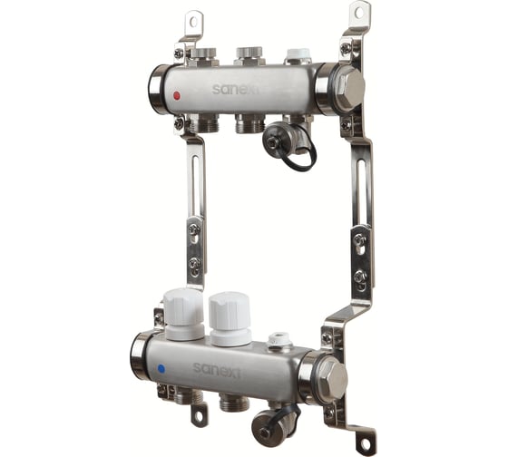 Изображение товара Коллектор для теплого пола SANEXT с запорной функцией, в/о и дренаж., ДУ25, ВР1"х 2 контура НР 3/4" 8592