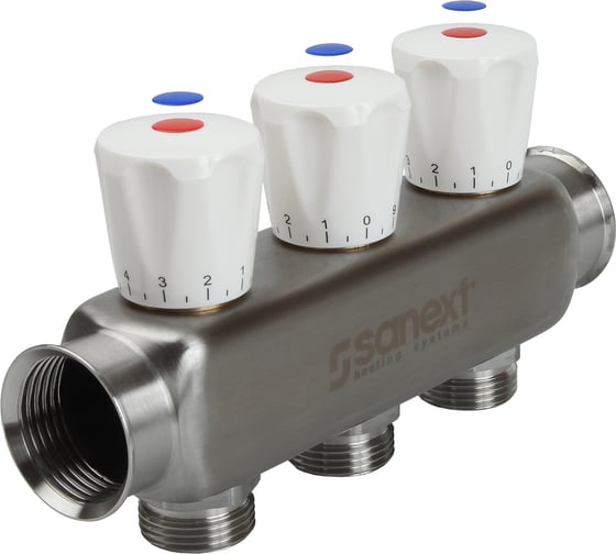 Изображение товара Коллектор квартирный SANEXT нержавеющая сталь ДУ 25, ВР 1"х НР 3/4" евроконус 3 контура 8113