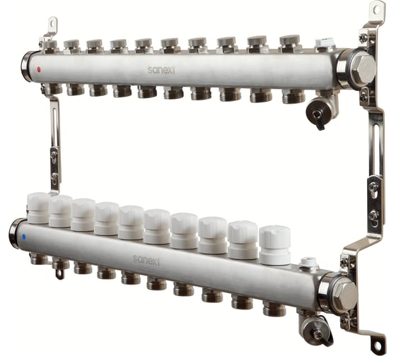 Изображение товара Коллектор для теплого пола SANEXT с запорной функцией, в/о и дренаж, ДУ25, ВР1"х 10 контуров НР 3/4" 85910