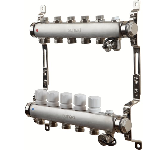 Изображение товара Коллектор для теплого пола SANEXT с запорной функцией, в/о и дренаж., ДУ25, ВР1"х 5 контуров НР 3/4" 8595