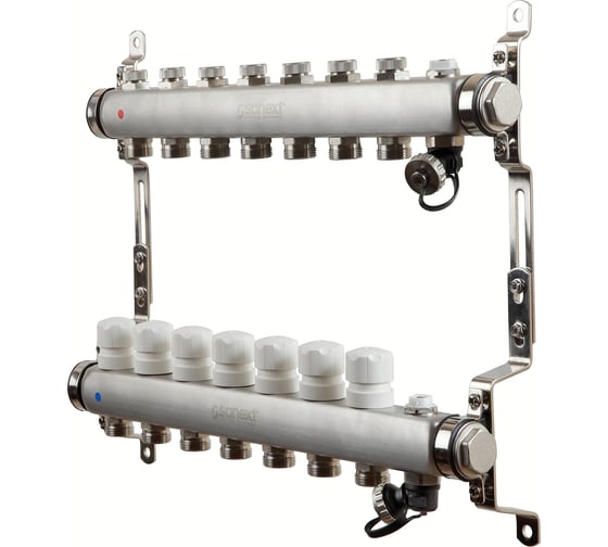 Изображение товара Коллектор для теплого пола SANEXT с запорной функцией, в/о и дренаж., ДУ25, ВР1"х 7 контуров НР 3/4" 8597