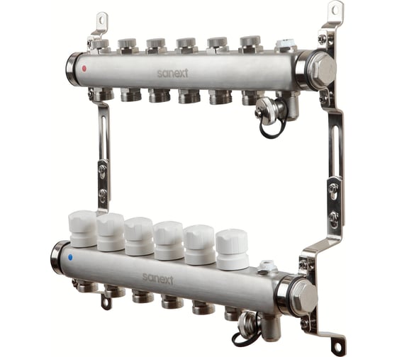 Изображение товара Коллектор для теплого пола SANEXT с запорной функцией, в/о и дренаж., ДУ25, ВР1"х 6 контуров НР 3/4" 8596
