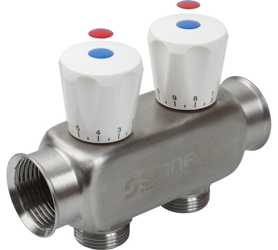 Изображение товара Коллектор квартирный SANEXT нержавеющая сталь ДУ 25, ВР 1"х НР 3/4" евроконус 2 контура 8112