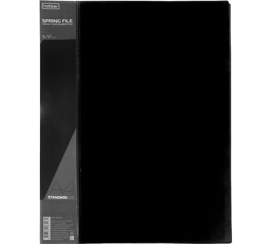 Изображение товара Пластиковая папка с пружинным скоросшивателем Hatber А4 с карманом корешок 17 мм STANDARD 700мкм Черная, 30шт. 038485