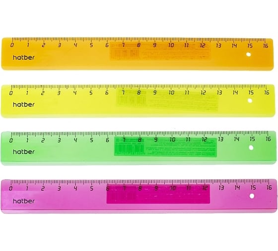 Изображение товара Пластиковая линейка Hatber 16см полупрозрачная флюоресцентная ассорти, 100 шт. 037132