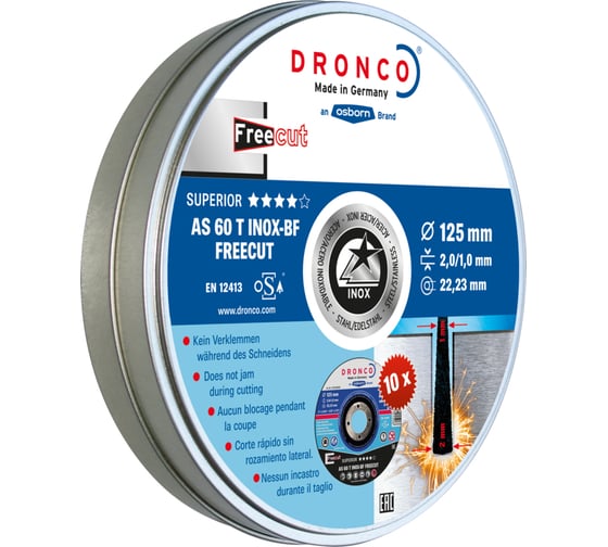 Изображение товара Диск отрезной по нержавейке InoxFre AS60 BOX-10 (10 шт в жестяной коробке; 125x2/1x22.23 мм) DRONCO 6900947100