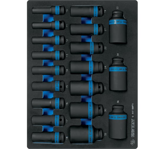 Изображение товара Набор ударных глубоких торцевых головок 1/2", шестигранные, 10-36 мм, ложемент, 19 шт. KING TONY 9-4419MPV