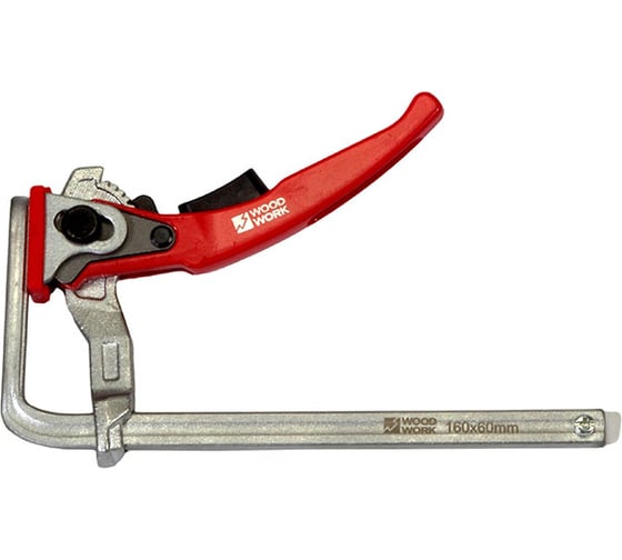 Изображение товара Струбцина WOODWORK кованая, F-тип, 160x60 мм, c рычажной рукояткой для установки в т-паз. усилие прижима до 160 кг RTC-1660
