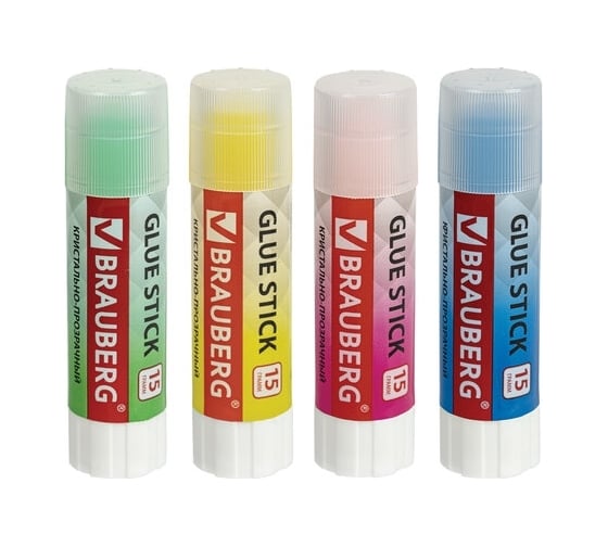 Изображение товара Клей-карандаш BRAUBERG COLOR Crystal 15 г, 4 штуки на блистере 271709