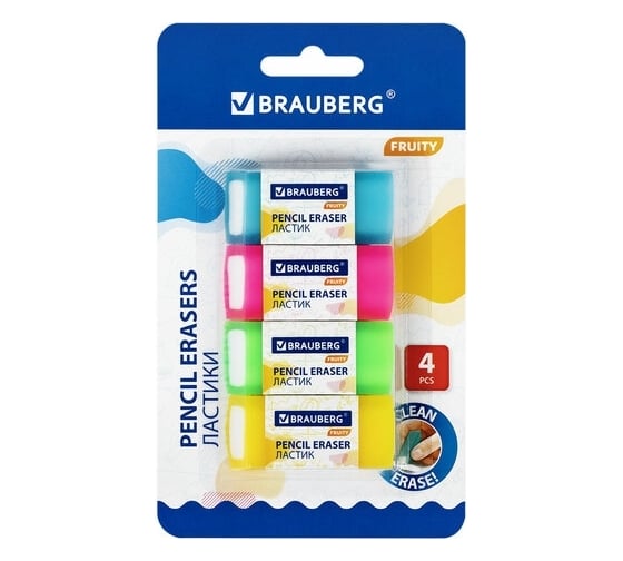 Изображение товара Набор полупрозрачных ластиков BRAUBERG FRUITY 4 штуки, размер ластика 54x23x10 мм, упаковка блистер 271343