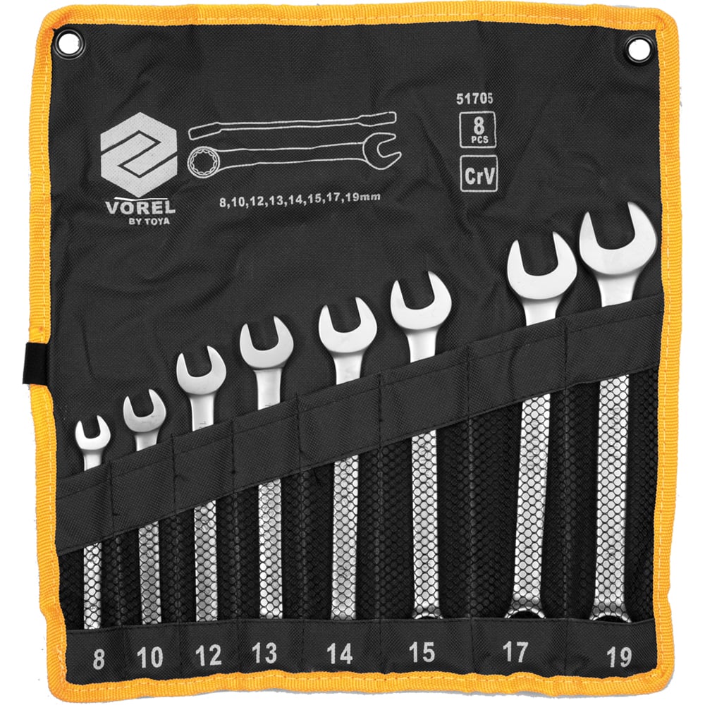 Изображение товара Набор комбинированных ключей VOREL 6-19 мм сатинирование CrMo 8 шт.