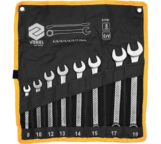 Изображение товара Набор комбинированных ключей VOREL 6-19 мм, сатинирование, CrV, 8 шт. 51705
