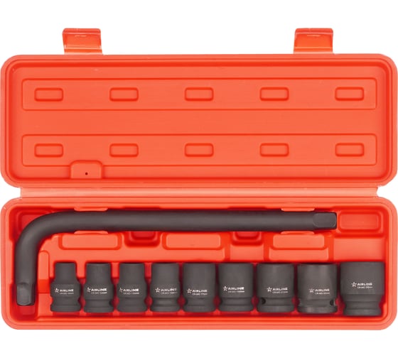 Изображение товара Набор ударных головок Airline 1/2" 38 мм, 10-24 мм, Г-вороток, пластиковый кейс, 10 предметов ATAS070