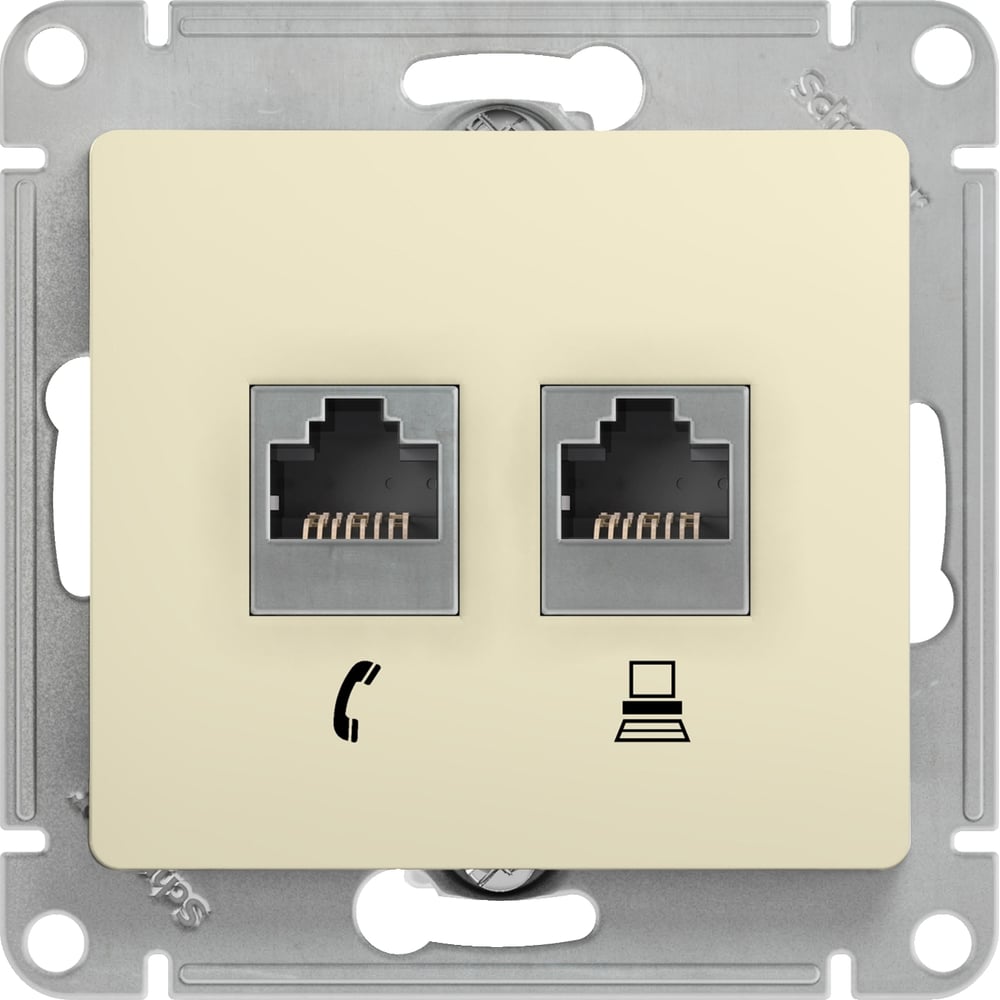 фото Механизм розетки schneider electric телеф.+комп. 2-м rj11+rj45 glossa беж. sche gsl000285