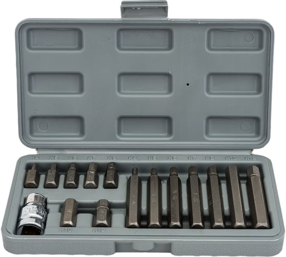 Изображение товара Набор бит вставок шестигранных в кейсе 3/8", 30 мм и 75 мм, держатель бит 1/2" DR, 15 предметов Airline AT-B-37