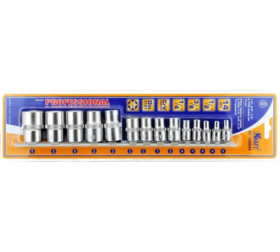 Изображение товара Набор торцевых головок (14 шт; 1/2" Dr+1/4" Dr+3/8" Dr; E-star) KRAFT KT 700694