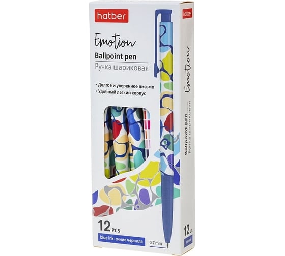 Изображение товара Шариковая ручка Hatber автоматическая Emotion/Эмоция Синяя 0.7мм чернила на масляной основе Ассорти 12шт. в картонной коробке, 12шт. 078621