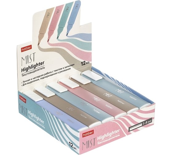 Изображение товара Текстовыделитель Hatber Mist 1мм/5мм Ассорти 12шт. в картонной коробке, 144шт. 082088