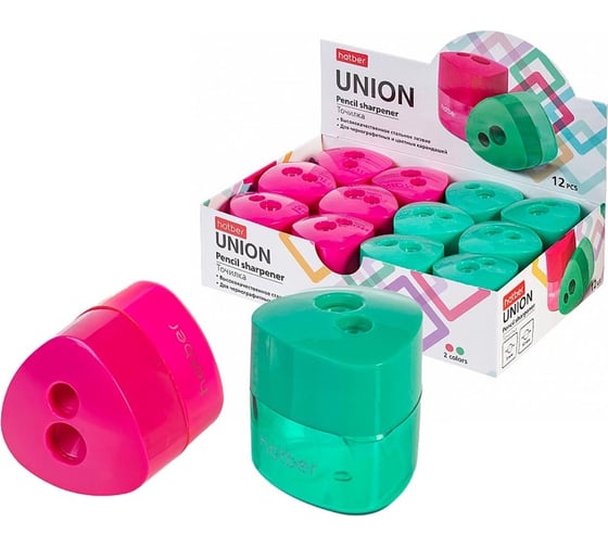 Изображение товара Точилка Hatber UNION Пластиковая Цветная с контейнером Ассорти 2 цв. 12шт. в картонной Дисплей-витрине , 12шт. 078201