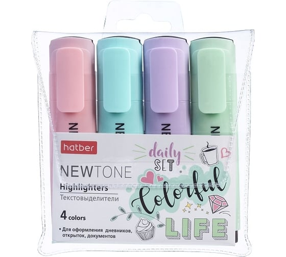Изображение товара Набор текстовыделителей Hatber NEWtone PASTEL 4 цв. клиновидный пишущий узел в прозрачном ПВХ-боксе , 1шт. 062055