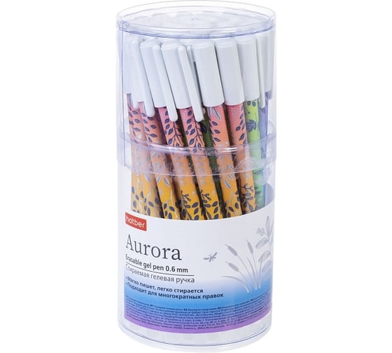 Изображение товара Гелевая ручка Hatber Aurora/Аврора синяя 0,6мм игольчатый пишущий узел Стираемая 36шт в Пластиковой тубе 081810