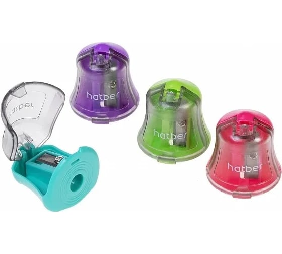 Изображение товара Точилка Hatber BELL Пластиковая Цветная с контейнером Ассорти 4 цв. 36шт в картонной Дисплей-витрине , 36шт. 078193