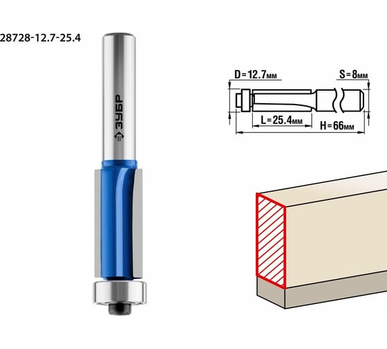 Изображение товара Кромочная фреза с нижним подшипником ЗУБР Профессионал 12.7x25.4 мм, 3 лезвия 28728-12.7-25.4