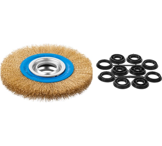 Изображение товара Щетка дисковая ПРОФЕССИОНАЛ (150х32 мм; 0.3 мм; витая стальная латунированная проволока) для точильно-шлифовального станка Зубр 35186-150_z01