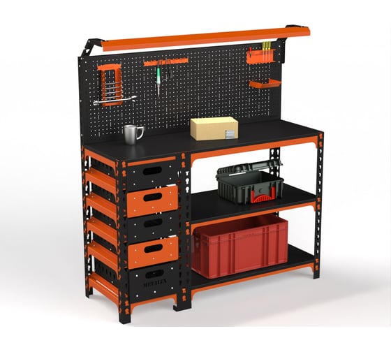 Изображение товара Верстак ООО Металекс серия SUN 950x1000x400 мм, с бок. тумбой, 1-ой панелью и комплектом освещения, оранжево-чёрный 111439
