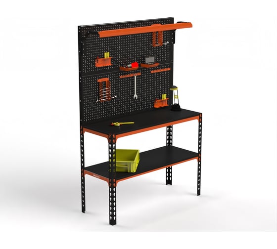 Изображение товара Верстак ООО Металекс серия SUN 950x1300x400 мм, одна полка + двойная перфопанель с комплектом освещения, оранжево-чёрный 111520