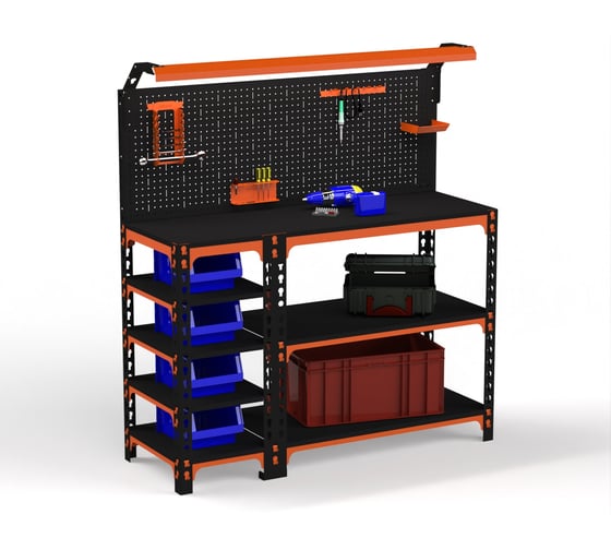 Изображение товара Верстак ООО Металекс серия SUN 950x1200x600 мм, с бок. полками, перфопанелью и комп. освещения, оранжево-чёрный 111405