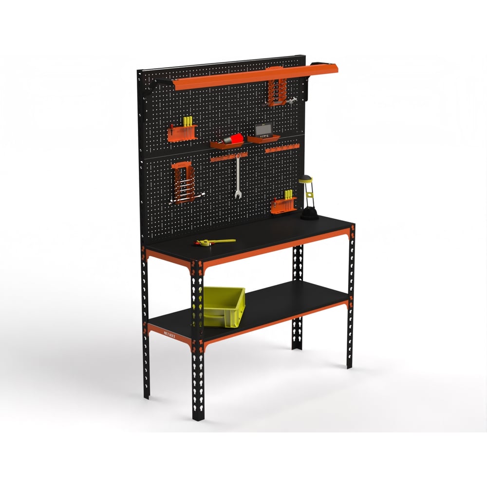 Изображение товара Верстак ООО Металекс серия SUN 950x1200x400 мм, одна полка + двойная перфопанель с комплектом освещения, оранжево-чёрный 111519