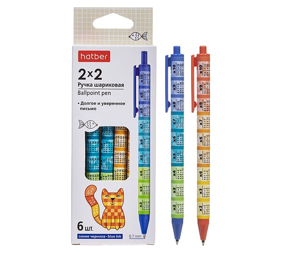 Изображение товара Набор шариковых ручек Hatber автоматическая 2x2 с табл.умножения Синяя 0.7мм 6 шт. в картонной коробке, 24шт. 083654