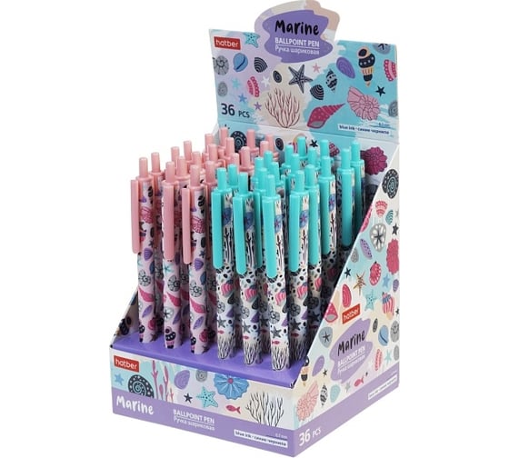 Изображение товара Шариковая ручка Hatber автоматическая Marine/Маринэ Синяя 0.7мм чернила на масляной основе Ассорти 36шт в картонной Дисплей-витрине, 36шт. 078448