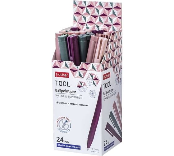 Изображение товара Шариковая ручка Hatber Tool синяя 0.7 мм с колпачком и клипом чернила на масляной основе 24шт Ассорти в карт. Мини-Дисплее, 24шт. 080018