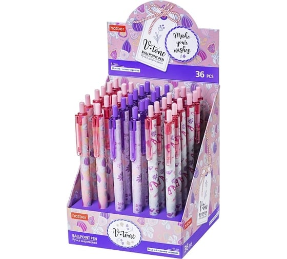 Изображение товара Шариковая ручка Hatber автоматическая V-tone Синяя 0.7мм 36шт в картонной Дисплей-витрине ассорти, 36шт. 072602