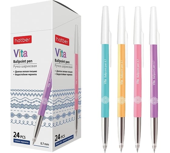 Изображение товара Шариковая ручка Hatber VitaАссорти Синяя 0.7мм с колпачком и клипом чернила на масляной основе 24шт в карт. Мини-Дисплее, 24шт. 066439