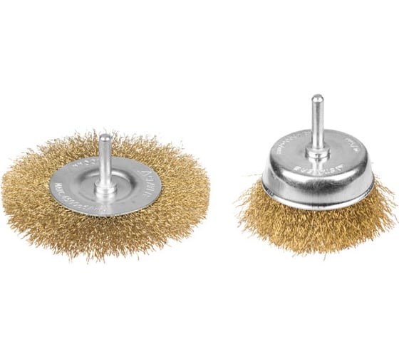 Изображение товара Набор "MASTER" щетки-крацовки (витая латунированная проволока 0,3 мм, дисковая 100 мм, чашечная 75 мм, 2 шт.) STAYER 35150-H2_z01