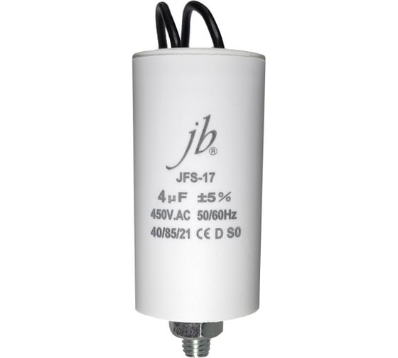 Изображение товара Пусковой конденсатор JB Capacitors 4 мкф, 450 В, 35x68, jfs-17 (гибкие выводы+болт), JFS17A6405J000000B-95