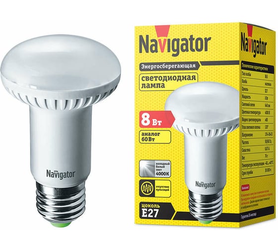 Изображение товара Светодиодная лампа Navigator 94 138 NLL-R63-8-230-4K-E27 8Вт 4000К 94138