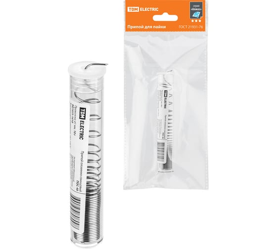 Изображение товара Припой ПОС 40, проволока, ГОСТ 21931-76, 1 мм, 10 г, колба, серия "Алмаз" TDM ELECTRIC SQ1025-1610