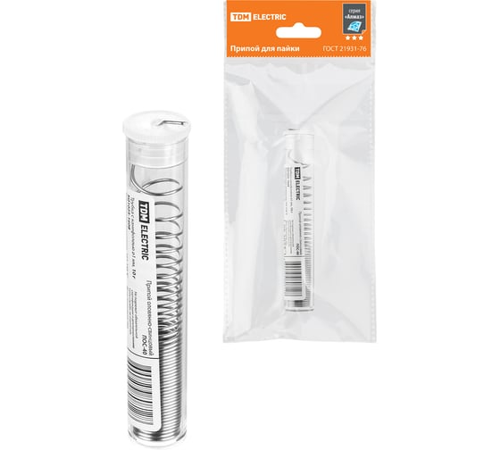 Изображение товара Припой ПОС 40, трубка с канифолью, ГОСТ 21931-76, 1 мм, 10 г, колба, серия "Алмаз" TDM ELECTRIC SQ1025-1608