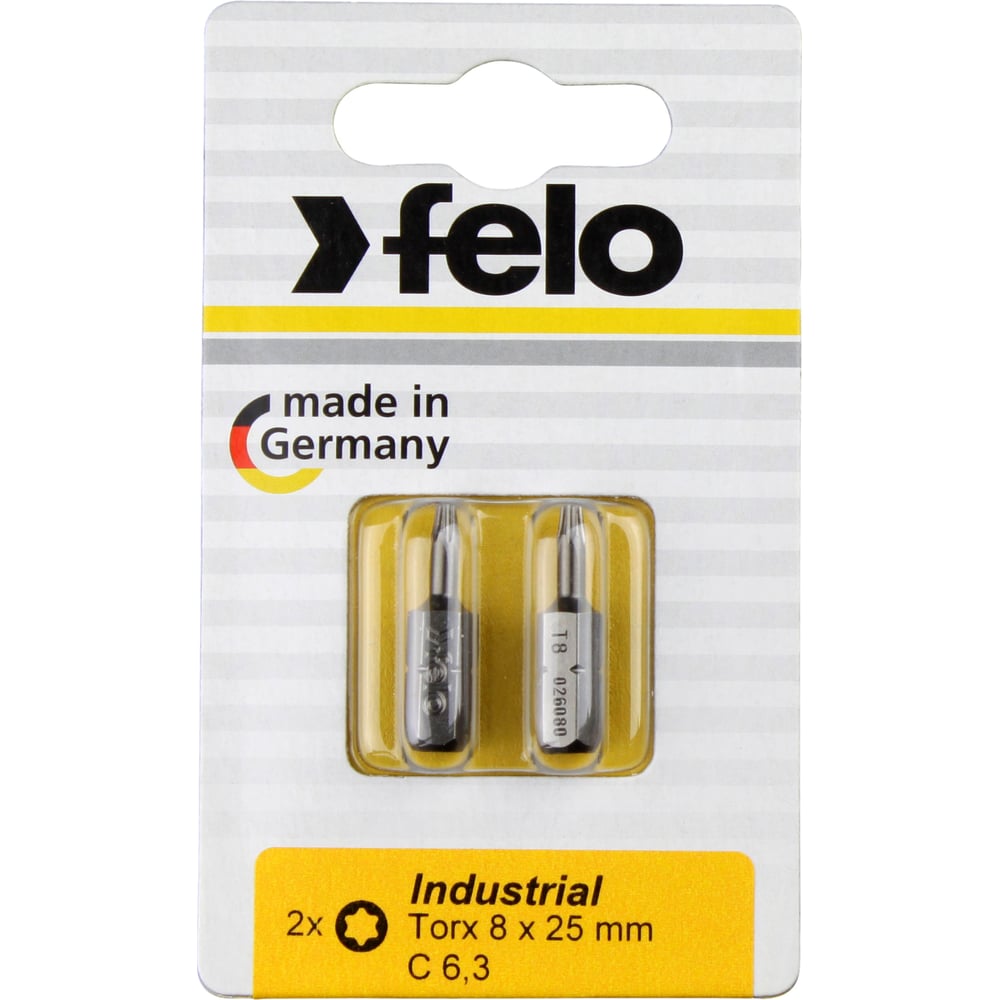Felo Бита серии Industrial TX 8x25, 2шт на блистере 02608036 предназначена для монтажа/демонтажа крепежных изделий, имеющих шлиц TX8, с помощью шуруповерта или отвертки. Материал биты - хром-молибден-ванадий. Поставляется на блистере.